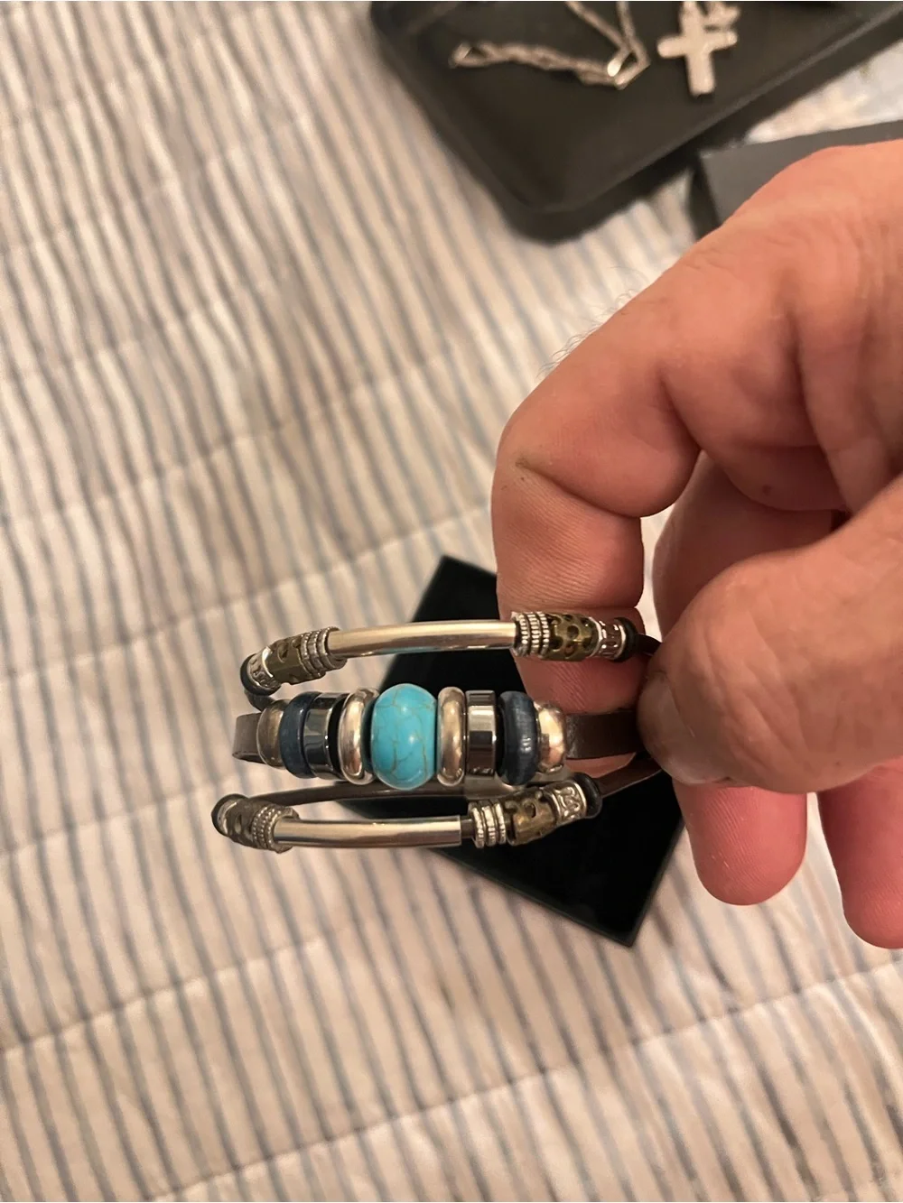 Handmade Turquoise & Blue Bead Leather Bracelet - unisex Jewelry 8.2 inch